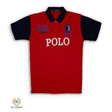 Men Bright Red Polo With Blue Sleeve Embroider 95 Logo Regular Fit Polo Shirt