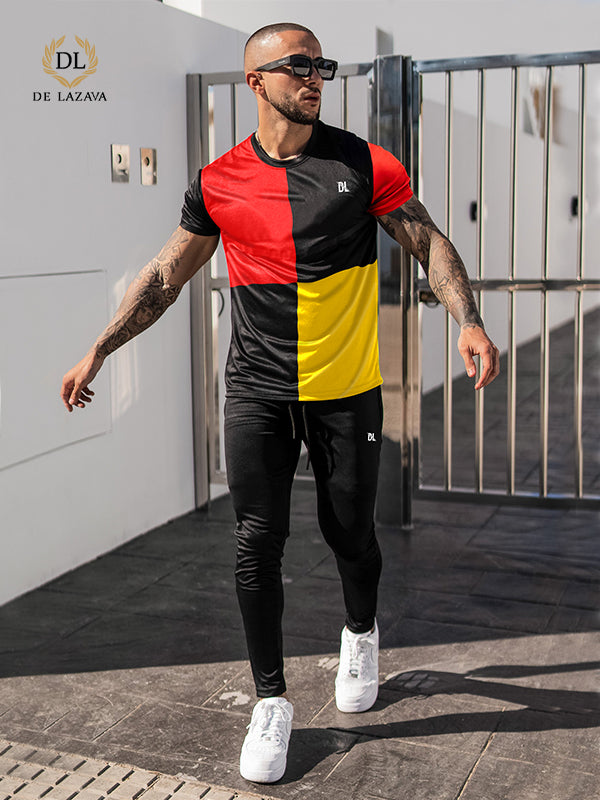 Four Panel Dry fit jet Black with Red & yellow Summer TrackSuits