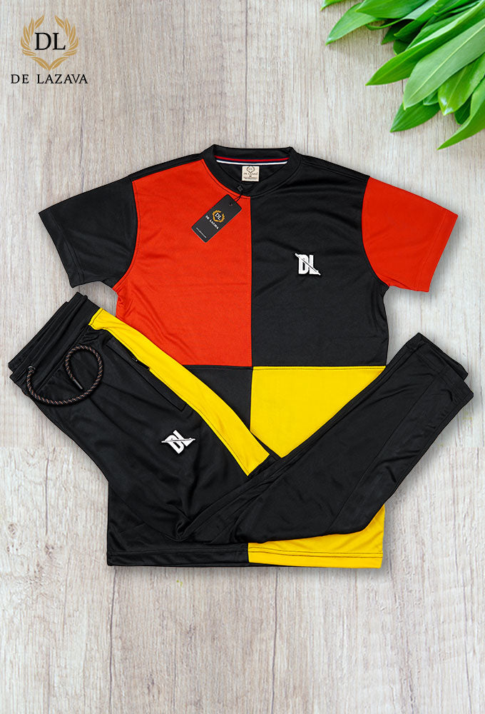 Four Panel Dry fit jet Black with Red & yellow Summer TrackSuits