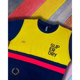 CONTRAST YELLOW PANELLED CREW NECK LEFT CHEST EMBROIDERED LOGO LYCRA NAVY BLUE  T-SHIRT