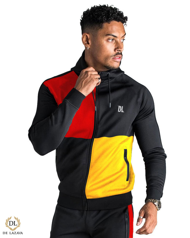 Four Panel Quickdry jet Black with Red & yellow panel Zipper Track Suits