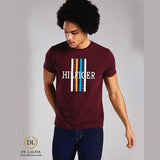MAROON ROUND NECK PRINTED AND EMBROIDERED T-SHIRT