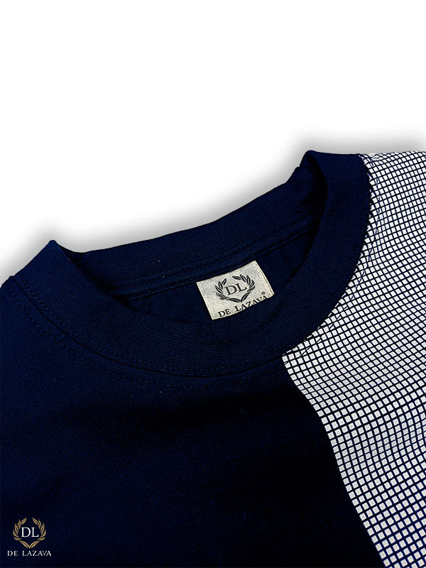 BOXES PRINTED ROUND NECK NAVY BLUE T-SHIRT