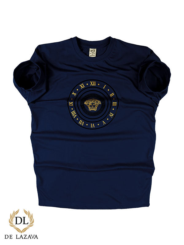 TIME PRINTED ROUND NECK NAVY BLUE T-SHIRT