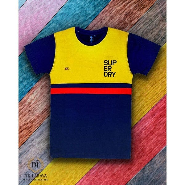 CONTRAST YELLOW PANELLED CREW NECK LEFT CHEST EMBROIDERED LOGO LYCRA NAVY BLUE  T-SHIRT