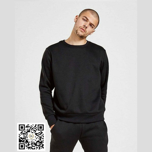 Black Men's Crew Neck Pullover/Sweat Shirts, Without Hood, Made of Cotton Fleece - Delazava