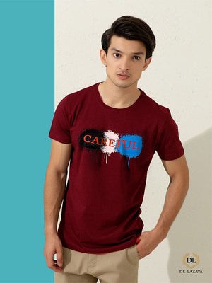 CAREFUL PRINTED ROUND NECK MAROON T-SHIRT